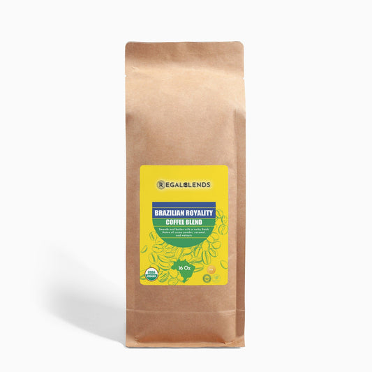 Organic coffee beans originating in Brazil. Nutty taste. Notes of cocoa powder